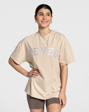 Teveo College Oversized Tişört Kadın Bej Rengi | 7349-DXOJT