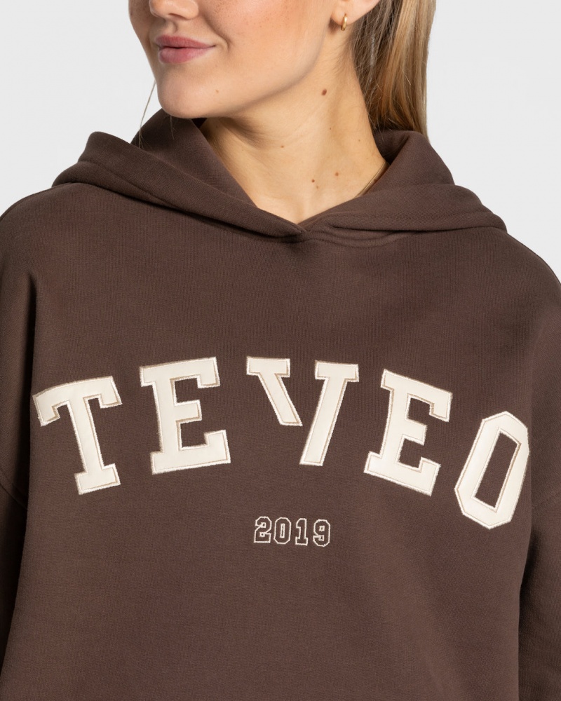 Teveo College Oversized Kapşonlu Kadın Koyu Kahverengi | 9857-PYOWC