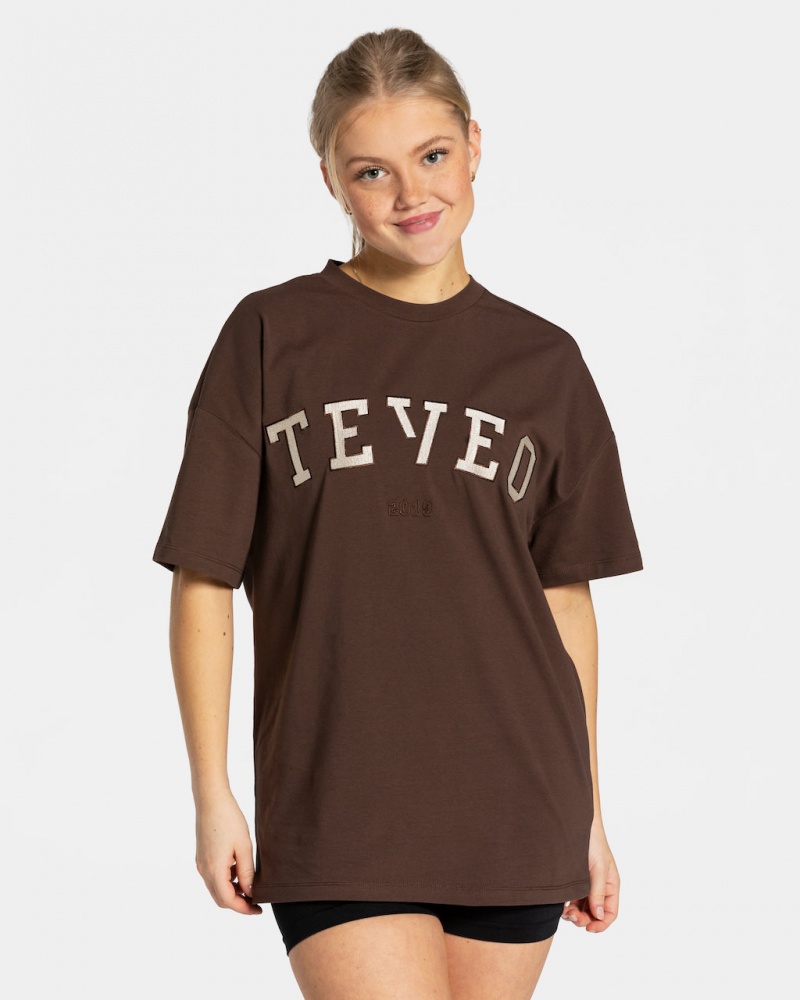 Teveo College Oversized Tişört Kadın Koyu Kahverengi | 6197-MPHDX