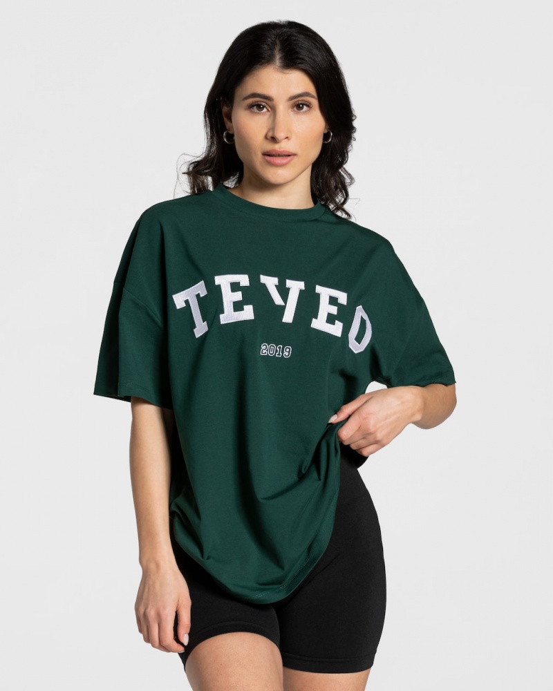 Teveo College Oversized Tişört Kadın Koyu Yeşil | 3865-JWLQH